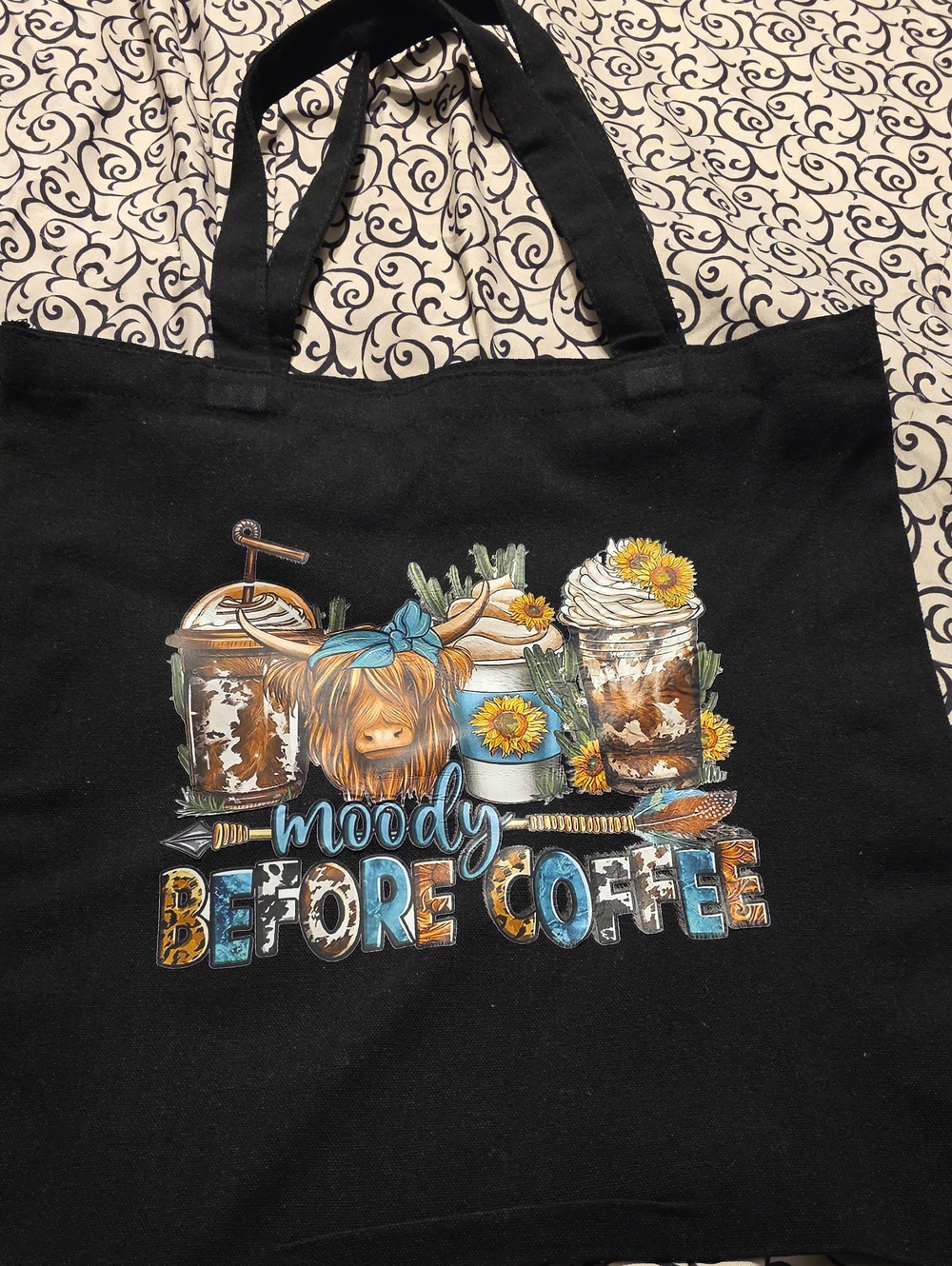 Moody Before Coffee Black Graphic Tote Bag 14x14.5